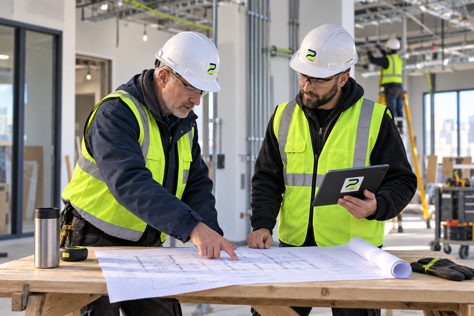 Plan2Field concept showing a project manager and field lead coordinating work at a jobsite.