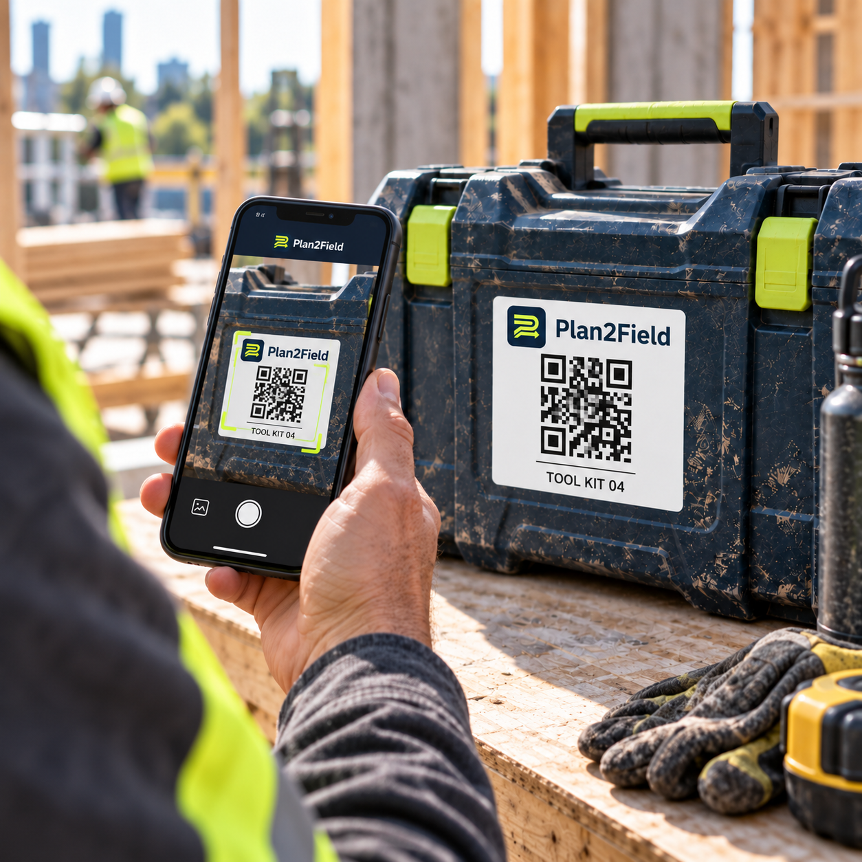 Worker holds the phone screen toward them while its rear camera scans the Plan2Field QR label on a toolbox.